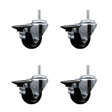 Service Caster 3 Inch Hard Rubber Wheel Swivel 58 Inch Threaded Stem Caster Set with Brake SCC SCC-TS20S314-HRS-PLB-58212-4